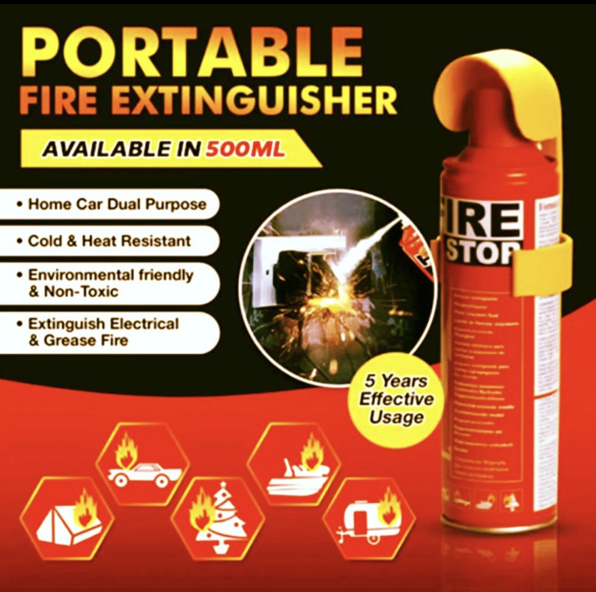 Fire Stop Extinguisher spray 500ml Portable Pre-Filled Car Bike Motorbike Motorcycle Home